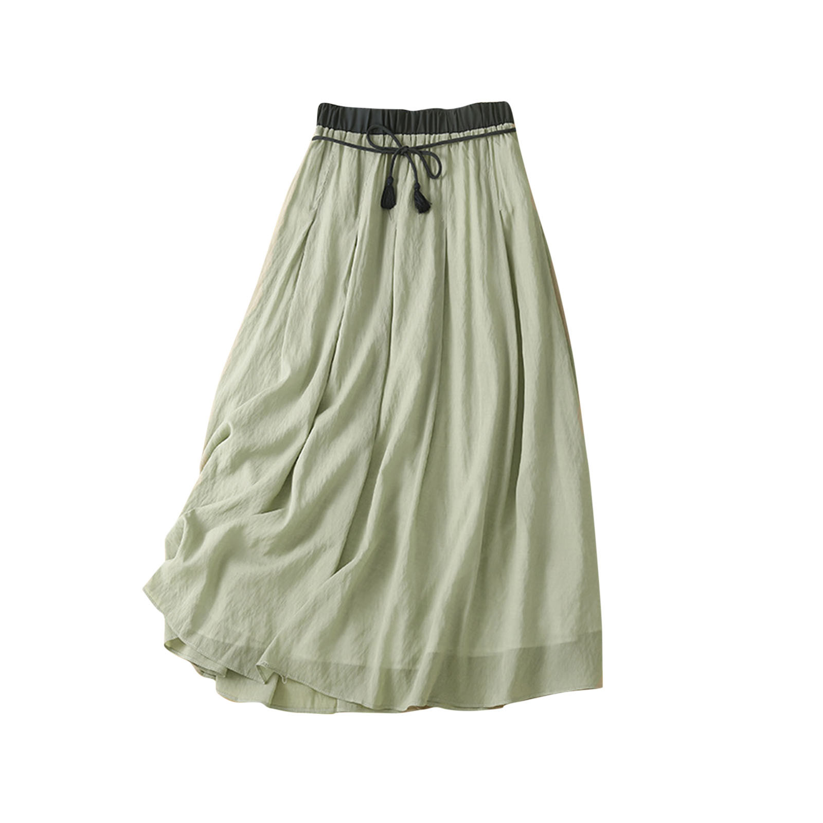 SMihono Women's Cotton Linen Skirts Drawstring High Waist Skirts Plain Layered A-Line Flared Flowy Midi Long Skirts Green 10